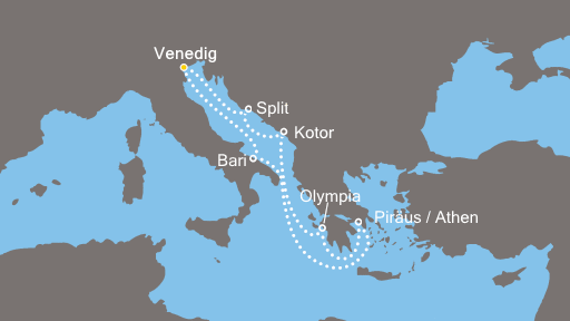 Route: Venedig - Bari - Athen - Olympia - Kotor - Split - Venedig